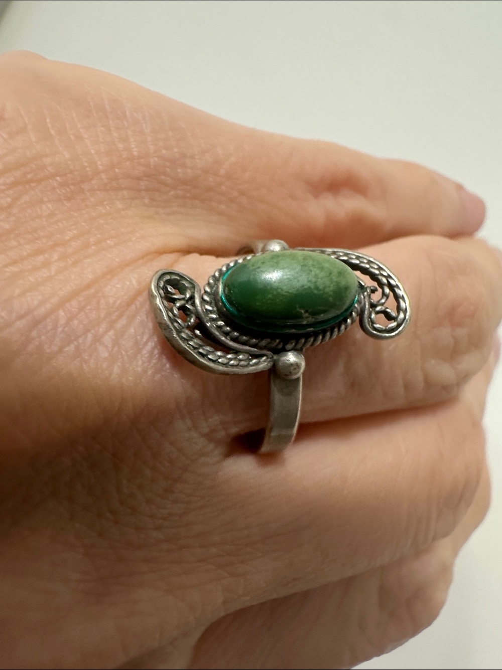 Vintage Jewelry ring made as malachite and silver looking metal